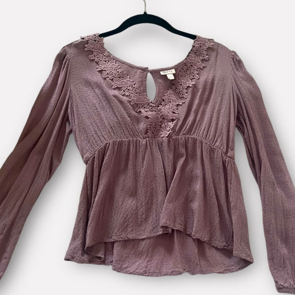 Light Pink/Mauve Long Sleeve Blouse with Lace Detailing - Picture 1 of 5